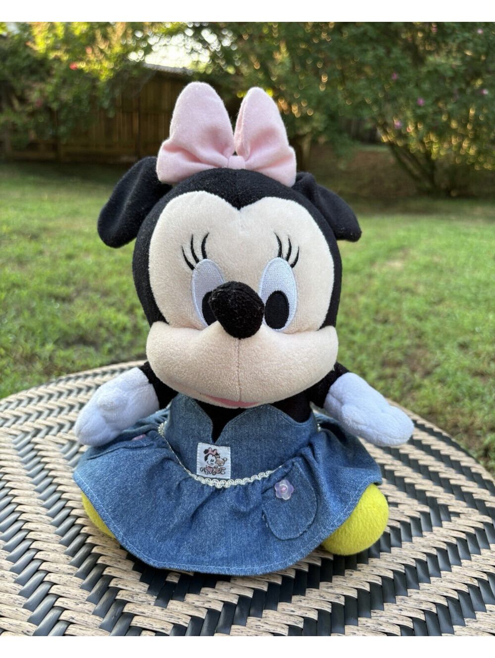 Disney Minnie Mouse Plush Stuffed Animal Pink Bow Denim Dress Small